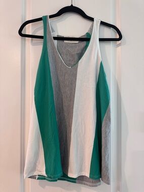Striped Teal, White & Gray V-Neck Tank Top